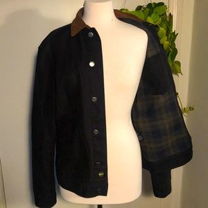 ZARA Mens Black Denim Jacket with Brown Corduroy Collar Plaid Lining